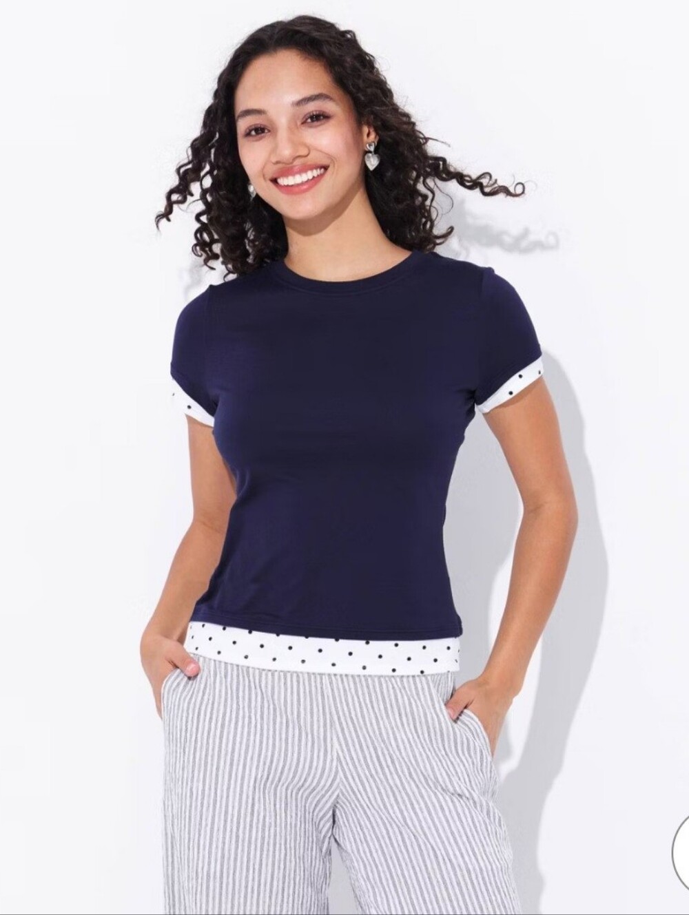 Brand New Navy And White Polka Dor Layered Tee